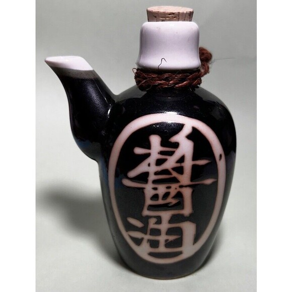 Soy Sauce Dispenser Jar Shoyu Black Ceramic with Cork Stopper - Picture 1 of 4